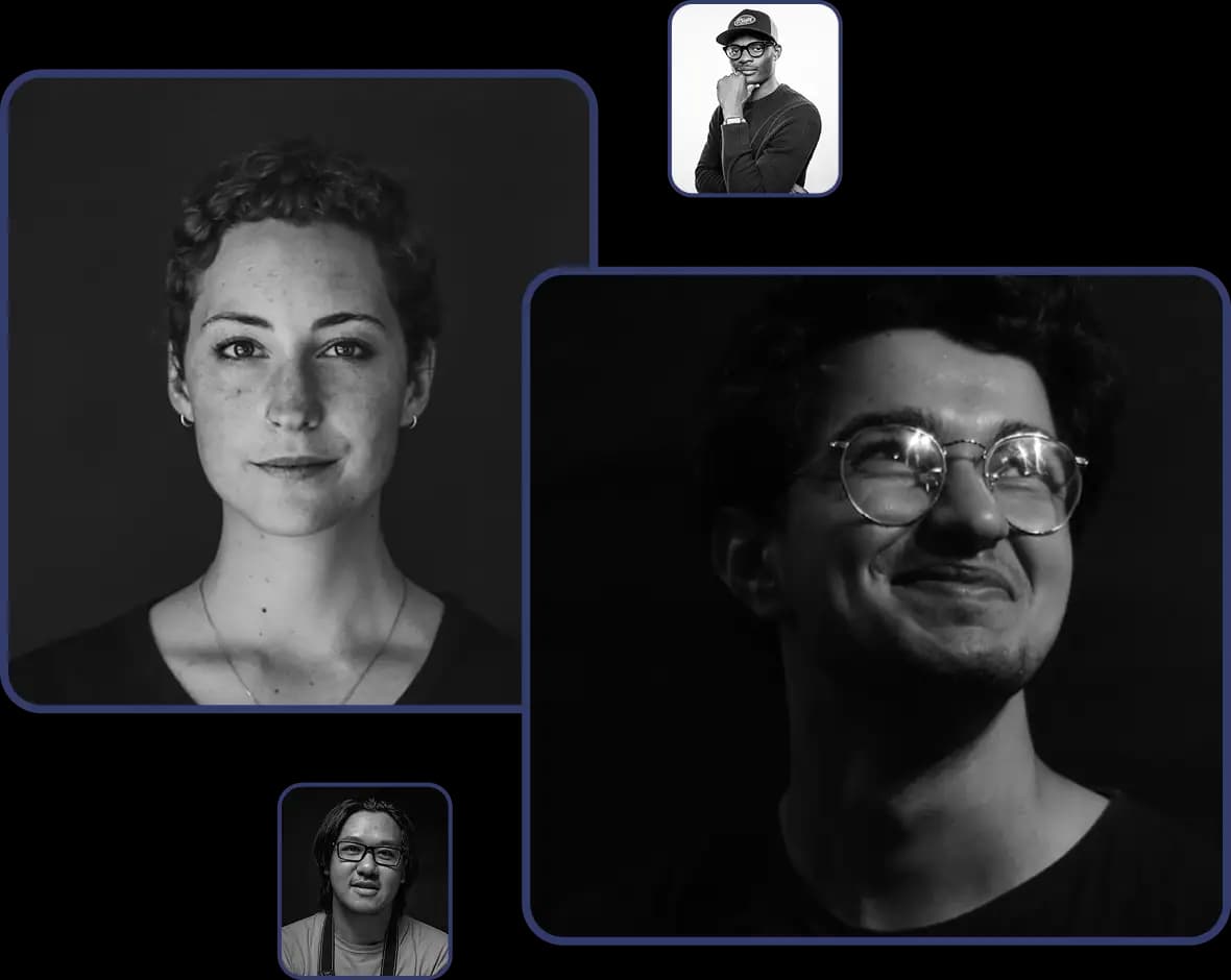 Collage of black-and-white portrait photos of people on a dark background