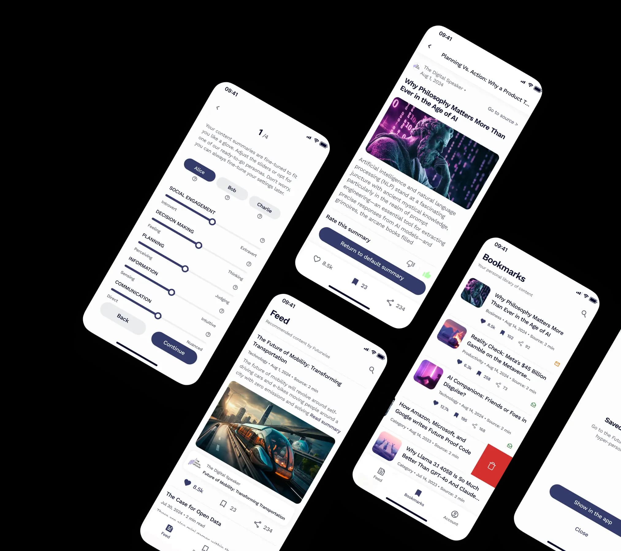 Screens of the mobile app showing feed, article summary, bookmarks, and personalization